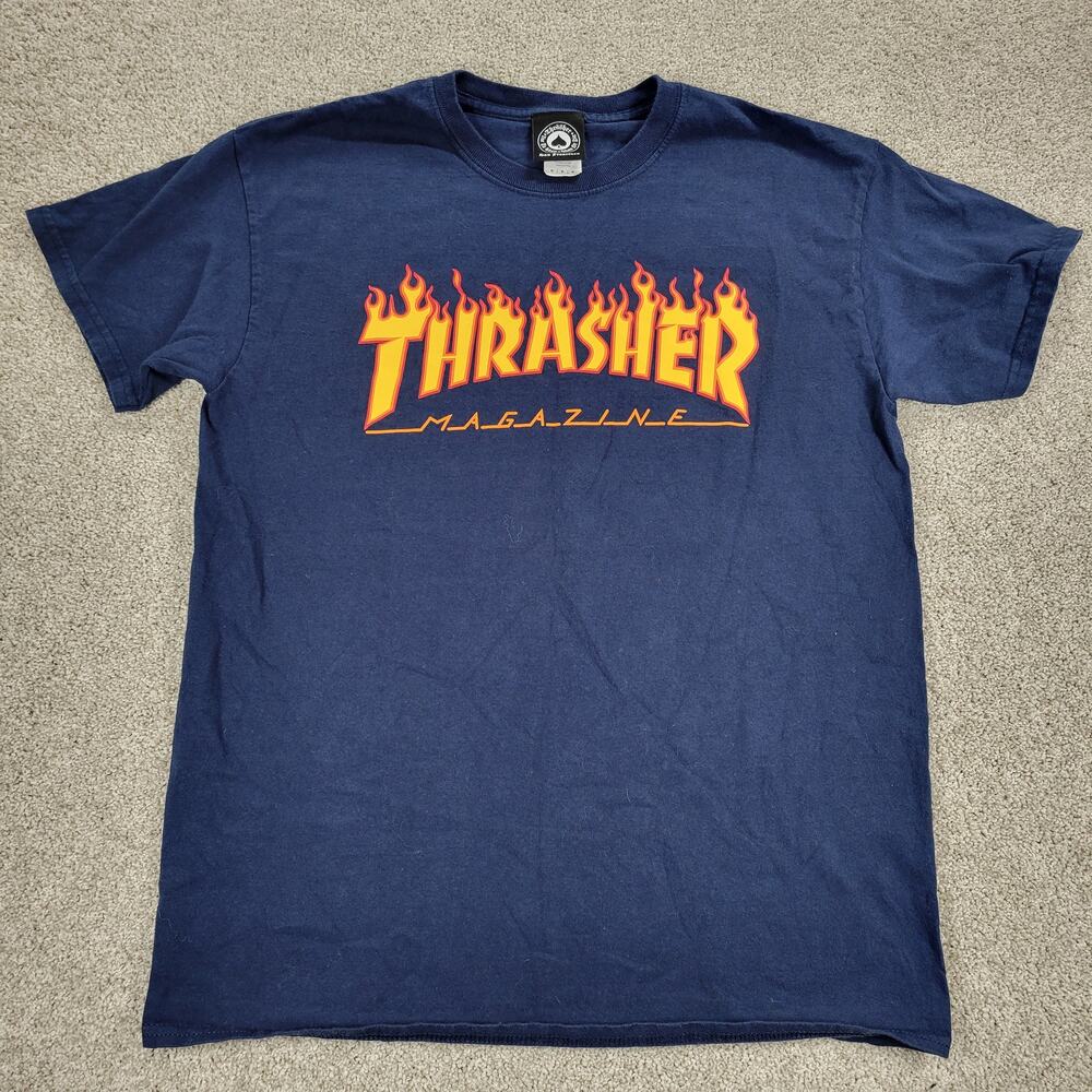 VTG Thrasher Magazine‎ Burn it Down T-shirt M Blue Flame Logo Skateboard Graphic